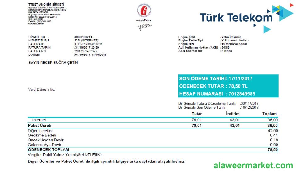 Turkey Turktelekom utility bill template in Word and PDF format, fully editable